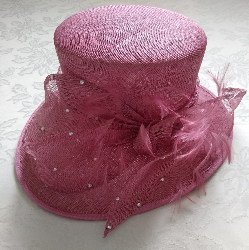 Pink Kentucky derby wide brim feathers rhinestones Natural Fibers